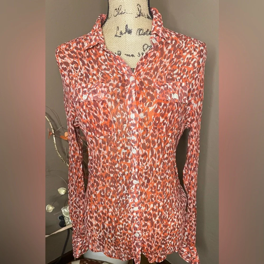 Lucky Brand Red Rust Animal Print Button-Down Shirt long sleeve Stylish Silk - Picture 2 of 5